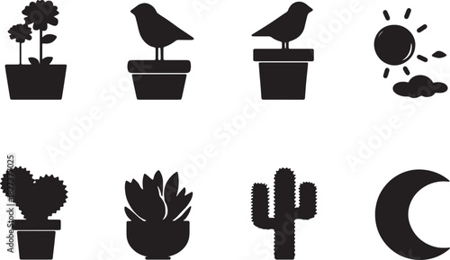 Collection of black silhouette icons representing nature elements like plant, bird, sun, and moon
