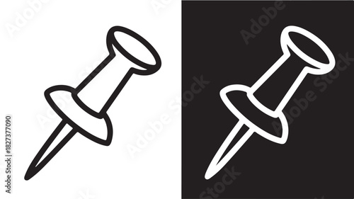 Simple push pin icon in black and white vector illustration of a thumbtack isolated on background