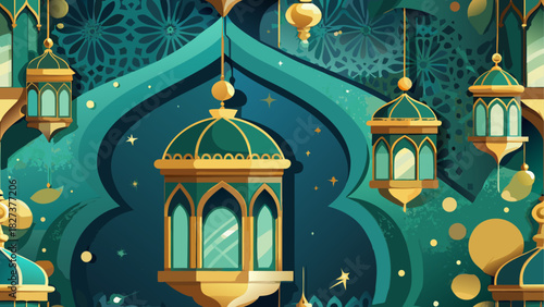A festive islamic background with hanging lanterns and ornate archways in shades of green and gold color