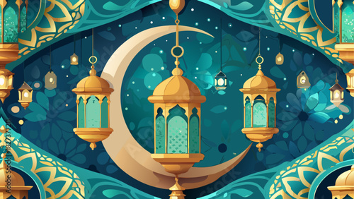 Golden lanterns and crescent moon illuminate a festive teal backdrop with floral patterns and star lights