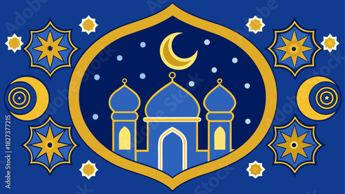 Illustration of a mosque with crescent moon and stars in blue and gold color scheme for ramadan kareem