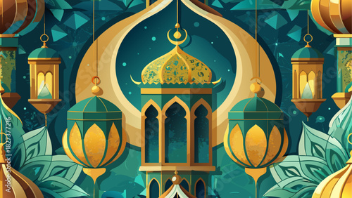 Illustration of a mosque with hanging lanterns and crescent moon in teal and gold colorscheme