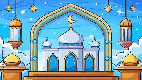 Illustration of a cartoon mosque with crescent moon, lanterns, and starry sky background scene view