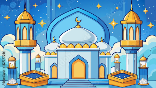 Cartoon style illustration of a mosque with crescent moons and star filled blue sky background