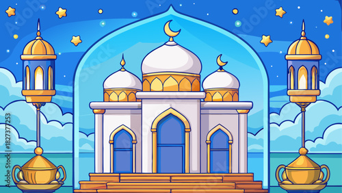 Illustration of a mosque with crescent moons, lanterns, and stars against a blue background scene