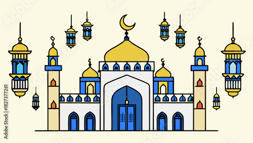 Illustration of a mosque with golden dome and minarets surrounded by hanging lanterns design style art