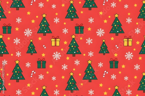 Seamless Flat Design Christmas Pattern with Gifts, Trees, and Snowflakes on Red Background