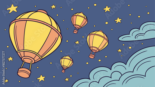 Illustration of hot air balloons floating in a night sky with stars and fluffy clouds above the ground