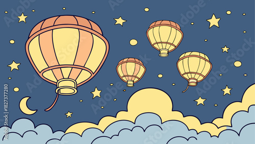 Illustration of lanterns floating in a night sky with stars moon and clouds in cartoon style design