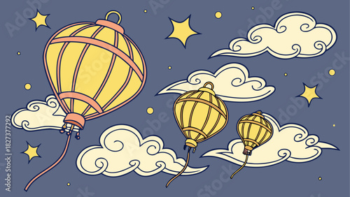 Illustration of lanterns floating among clouds and stars in a night sky background scene design
