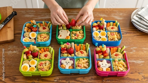 Hands preparing colorful healthy bento box lunches for children on a wooden table.