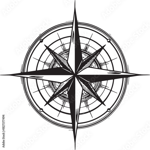 Black and white compass rose star for navigation