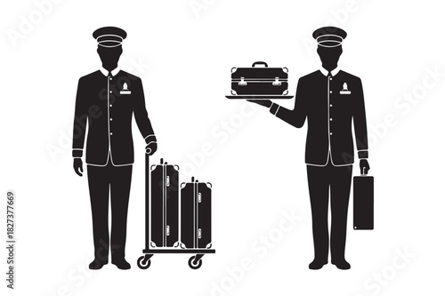 Hotel bellhop vector illustration carrying luggage and offering service isolated on white background