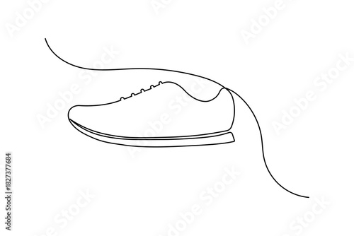 Continuous one line drawing of a minimalist running shoe or sneaker on a pristine white background