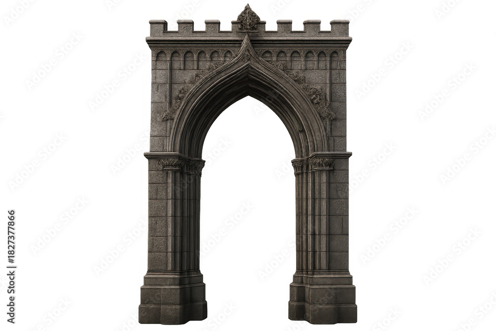 Fototapeta premium Stone gothic arch portal with crenellated top, a medieval architecture element on transparent background