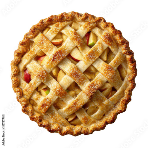 Overhead view of a golden brown lattice top apple pie with visible apple slices dessert food, Png On White Background, Isolated on Transparent Background, Cut Out