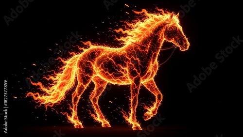 Fire horse galloping with glowing flames