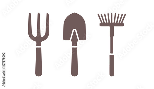 Fork, shovel, rake line and solid icon, gardening concept, group of hand garden tools for digging and loosening dirt sign on a white canvas, Garden tools icon in outline style. Vector graphics

