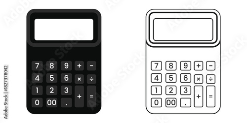Two digital calculator icons, one solid dark and one outline, for arithmetic, finance, math, and accounting tasks and modern design needs.