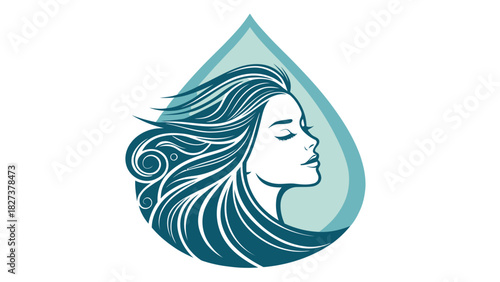 Elegant woman's profile within water droplet design for beauty, spa, or wellness brand symbolizing purity, serenity, and natural skincare solutions