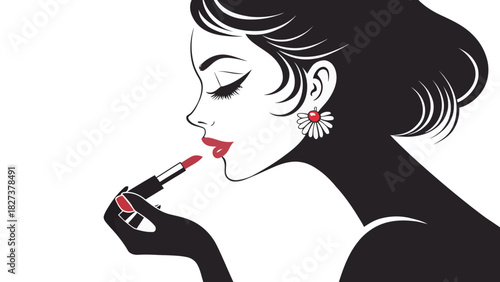 Elegant woman applying red lipstick for a glamorous look, a beauty and style icon with chic makeup, perfect for fashion and cosmetics branding