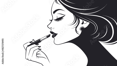 Elegant woman applies lipstick in a beauty ritual, perfect for cosmetic advertising, fashion blogs, or creating a chic, modern aesthetic for branding