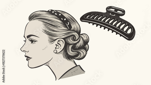 Elegant vintage hairstyle illustration with claw clip shows timeless beauty, ideal for beauty salon promotions and retro fashion designs, stunning vector art