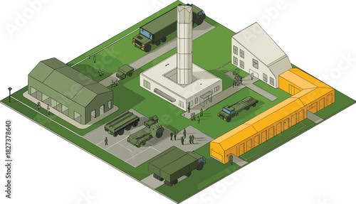 Isometric military base illustration with vehicles, personnel, training facilities, command buildings, and operational infrastructure representing defense operations