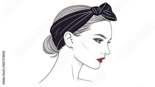 Elegant woman with classic style, a timeless portrait with red lipstick and a striped headband, perfect for fashion, beauty and vintage design projects