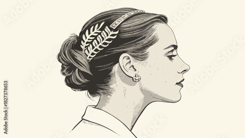 Elegant woman with stylish updo and leaf headband, exuding timeless beauty and grace in a classic profile, perfect for beauty and fashion designs