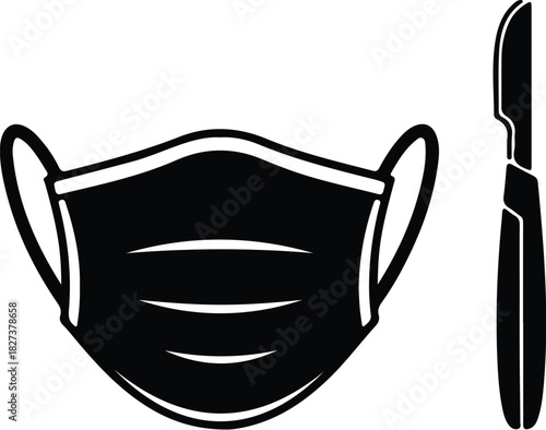 Illustration of scalpel and surgical mask representing healthcare silhouette vector