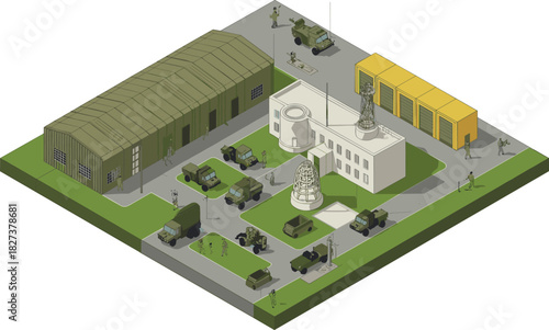 Isometric military base illustration with vehicles, personnel, training facilities, command buildings, and operational infrastructure representing defense operations