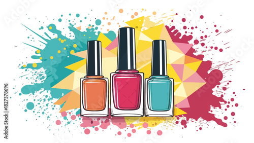 Trendy nail polish bottles in vibrant colors with abstract splash background, perfect for beauty blogs, salon promotions, and fashion designs