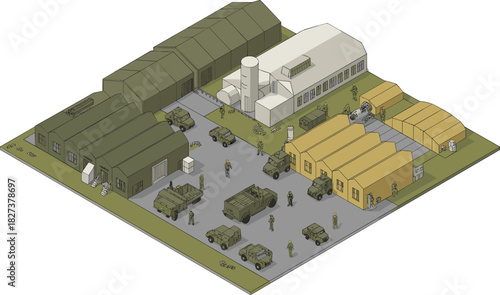 Isometric military base illustration with vehicles, personnel, training facilities, command buildings, and operational infrastructure representing defense operations