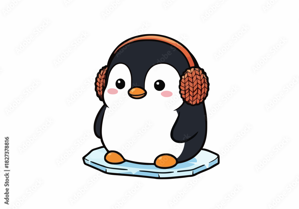 Obraz premium Charming cartoon penguin character wearing cozy knitted earmuffs standing on a small piece of blue ice winter holiday vector illustration