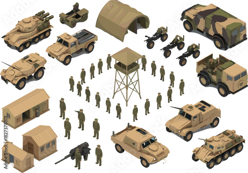 Isometric military base illustration with vehicles, soldiers, watchtower, tents, armored trucks, artillery, buildings, detailed 3D army equipment collection