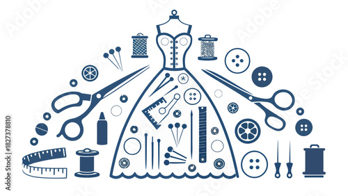 Elegant dress design concept with sewing tools, showcasing fashion and tailoring, perfect for textile business, garment industry, and creative projects