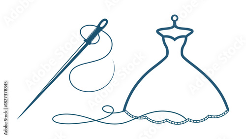 Elegant wedding dress design with needle and thread, a symbol of love and commitment, perfect for invitations, fashion design or sewing projects