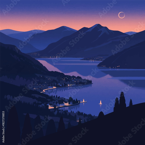Night View of Mountains and Lakes Illustrator Artwork Banner Background Design Template 