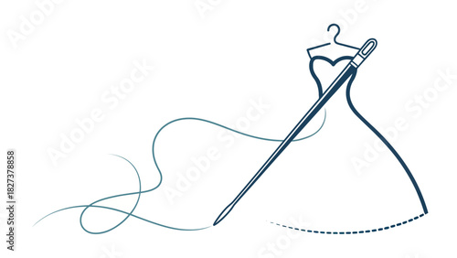 Elegant dress design with needle and thread, a fashionable brand logo conveying style, artistry, and the craft of dressmaking, originally created as scalable vector