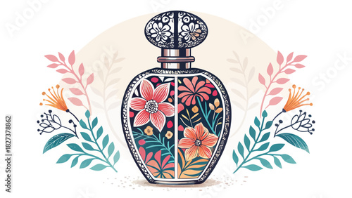 Elegant perfume bottle with floral design, a modern and stylish scent, perfect for beauty and fragrance brands, originally a scalable vector graphic