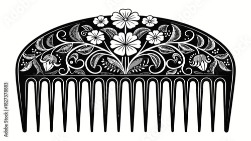 Elegant floral hair comb design with vintage charm, perfect for beauty products, fashion accessories, or retro style concepts in sleek vector format
