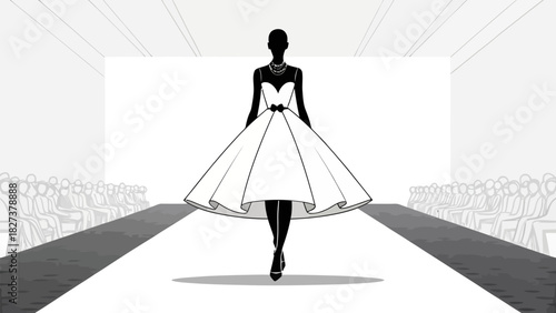 Striking fashion runway silhouette showcasing modern dress design with elegant flair, perfect for fashion blogs, style guides, and apparel marketing campaigns