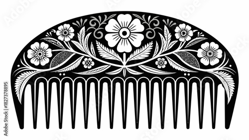 Elegant black hair comb with floral design, perfect for vintage hairstyles or decorative accents, intricate folk art inspired pattern for crafts and design projects