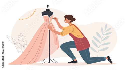 Dressmaker's passion shines as she adds exquisite details to a gown, creating a masterpiece of style and elegance for unforgettable moments