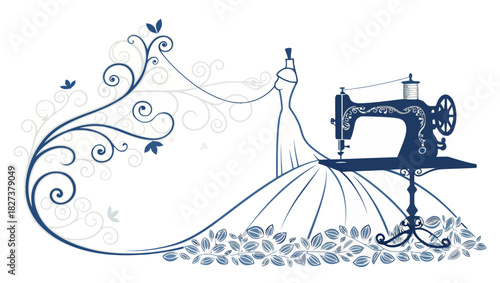 Elegant sewing machine crafting a stunning wedding dress design, a timeless symbol of bespoke artistry and bridal dreams, perfect for invitations and fashion