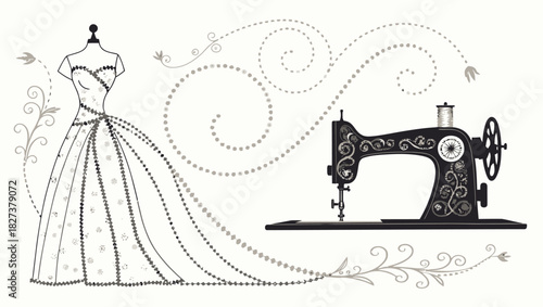 Elegant wedding dress design with vintage sewing machine, perfect for bridal boutiques or creative fashion projects, originally a scalable vector graphic
