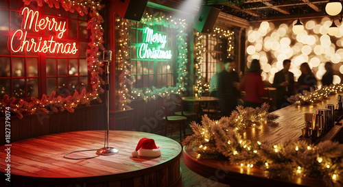 Festive Christmas Bar Stage with Microphone and Santa Hat, Decorated for Holiday Celebrations and Live Entertainment Events