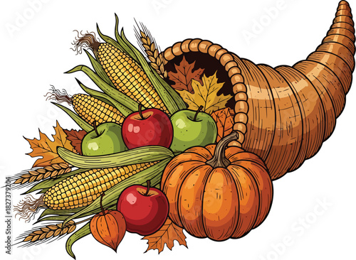 Cornucopia with autumn harvest fruits and vegetables illustration