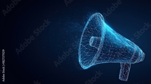 A mesmerizing digital representation of a megaphone, crafted from interconnected points and lines, symbolizes the power of communication. ..Created with Generative AI, not depicting real subjects.
